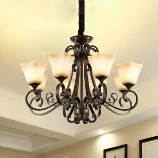 Opal Glass Chandelier Light Fixture - Traditional Bell Ceiling Lighting With Scroll Arm In Copper 8