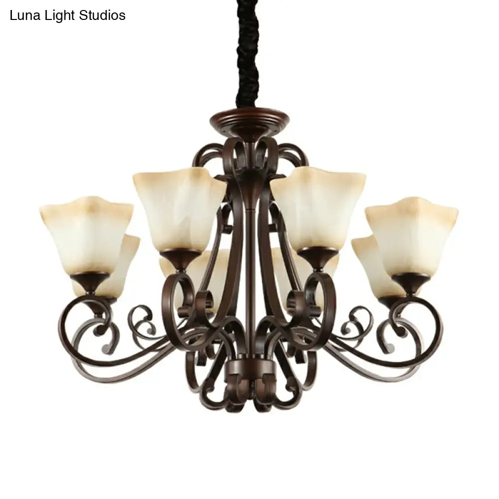 Opal Glass Chandelier Light Fixture - Traditional Bell Ceiling Lighting With Scroll Arm In Copper