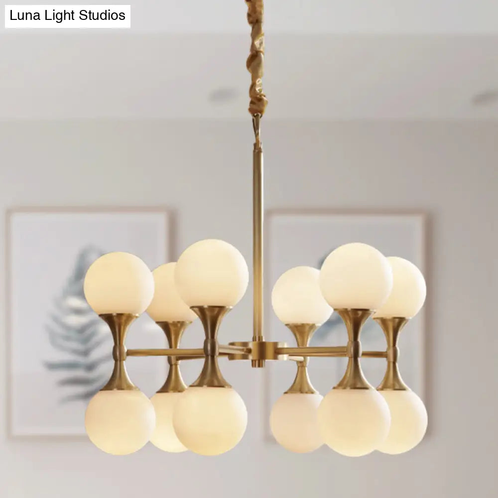 Opal Glass Chandelier Light With 12/16 Brass Globe Heads – Postmodern Ceiling Hanging Lamp