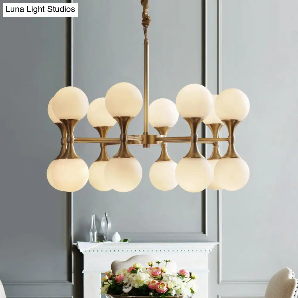 Postmodern Brass Globe Hanging Ceiling Light With Opal Glass Chandelier - 12/16 Heads