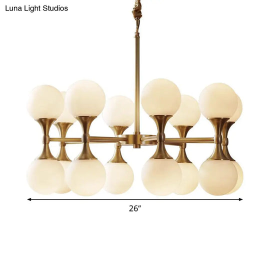 Opal Glass Chandelier Light With 12/16 Brass Globe Heads – Postmodern Ceiling Hanging Lamp