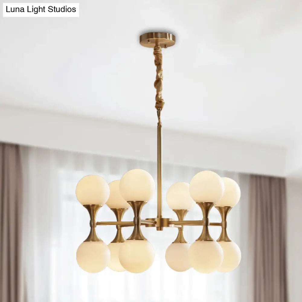 Postmodern Brass Globe Hanging Ceiling Light With Opal Glass Chandelier - 12/16 Heads