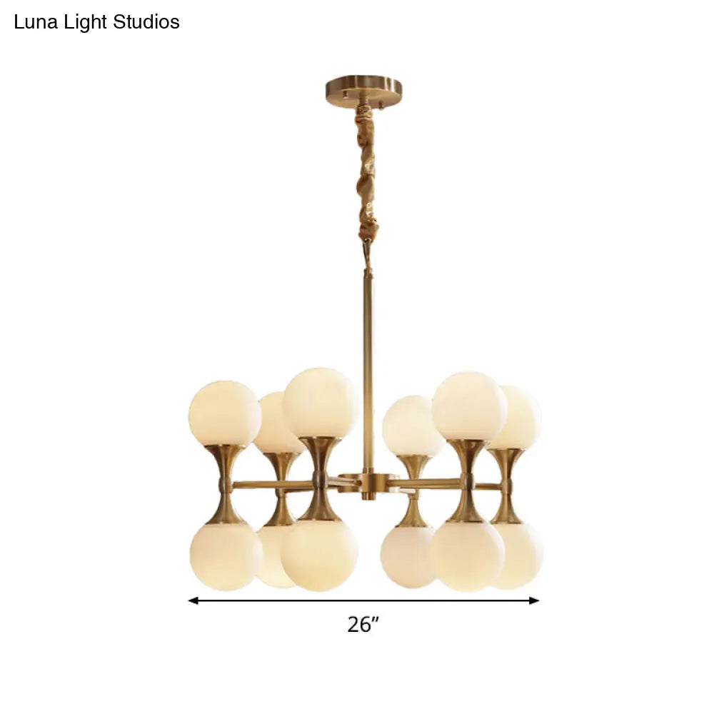 Opal Glass Chandelier Light With 12/16 Brass Globe Heads – Postmodern Ceiling Hanging Lamp