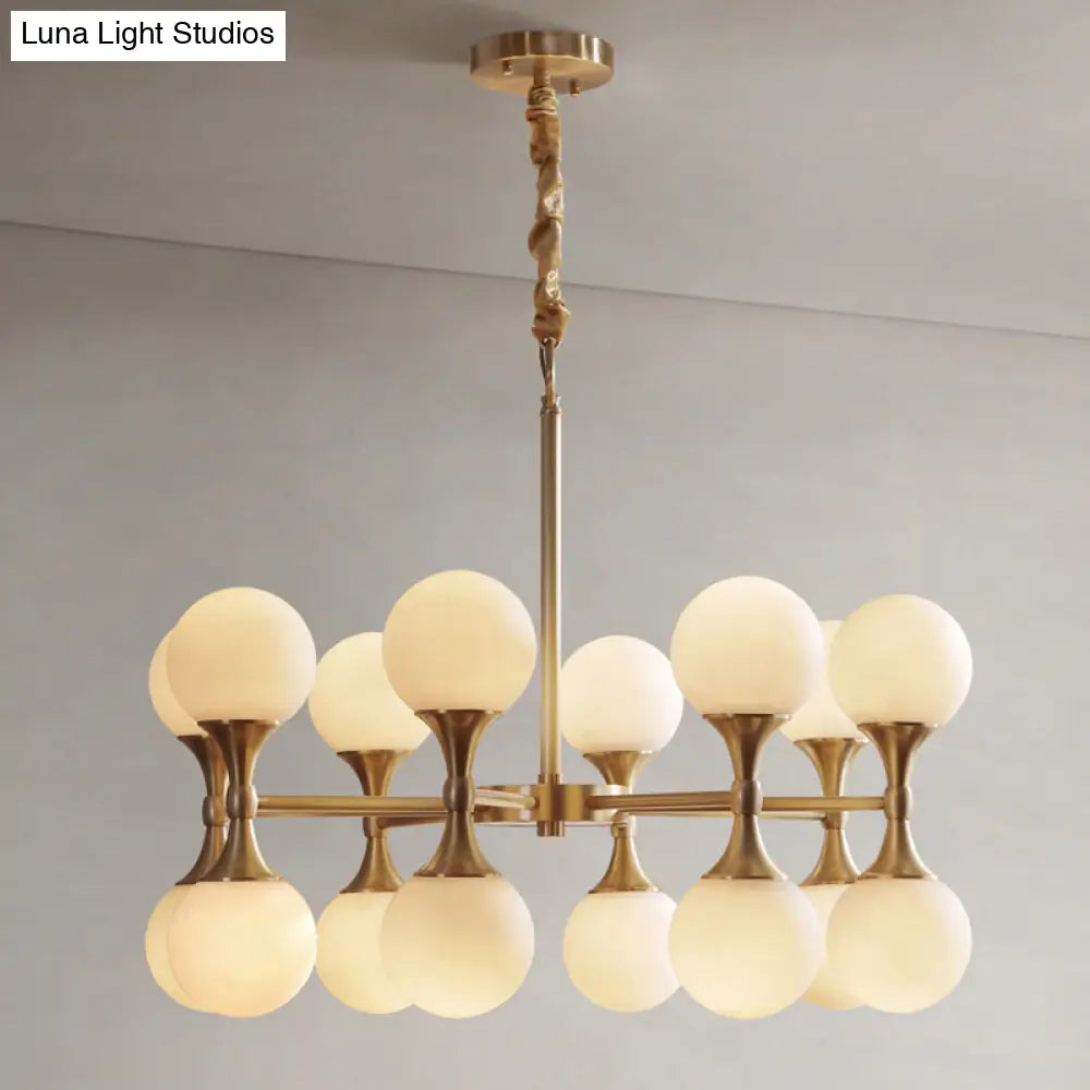 Opal Glass Chandelier Light With 12/16 Brass Globe Heads – Postmodern Ceiling Hanging Lamp