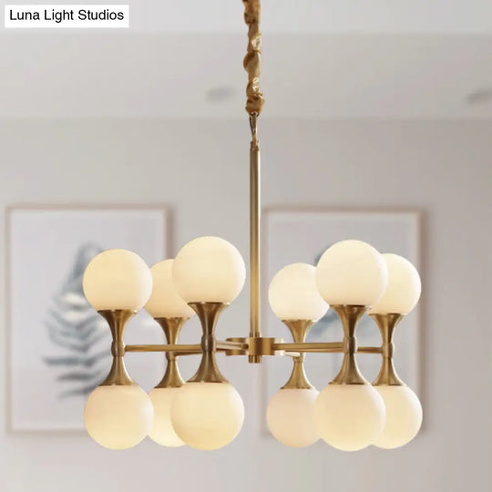 Postmodern Brass Globe Hanging Ceiling Light With Opal Glass Chandelier - 12/16 Heads