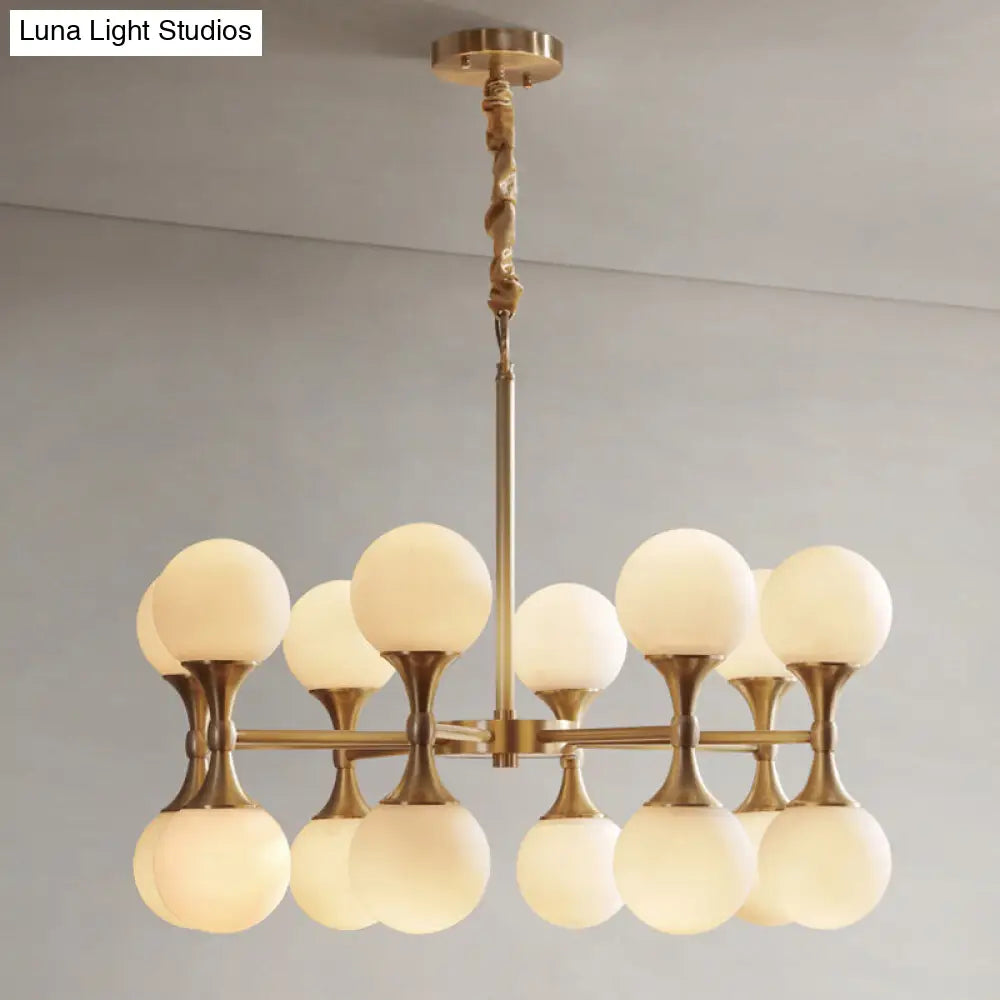 Postmodern Brass Globe Hanging Ceiling Light With Opal Glass Chandelier - 12/16 Heads