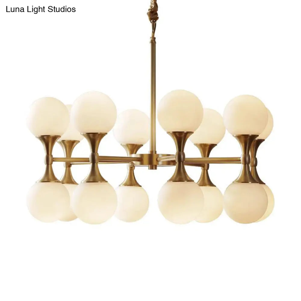 Opal Glass Chandelier Light With 12/16 Brass Globe Heads – Postmodern Ceiling Hanging Lamp