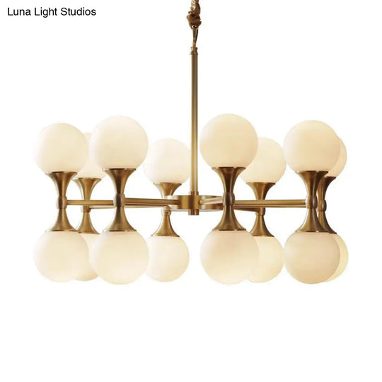 Opal Glass Chandelier Light With 12/16 Brass Globe Heads – Postmodern Ceiling Hanging Lamp