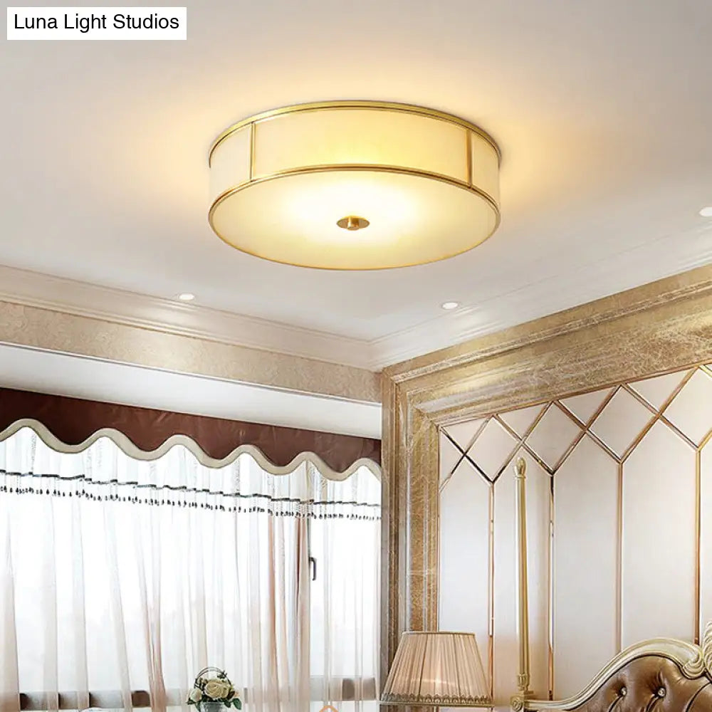 Opal Glass Cylinder Flush Mount Ceiling Light In Gold - Traditional Bedroom Lighting