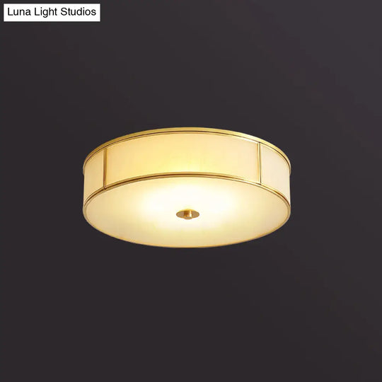 Opal Glass Cylinder Flush Mount Ceiling Light In Gold - Traditional Bedroom Lighting