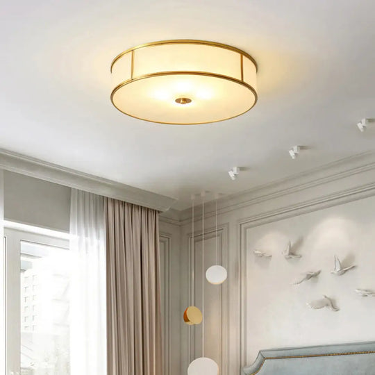 Opal Glass Cylinder Flush Mount Ceiling Light In Gold - Traditional Bedroom Lighting 3 /