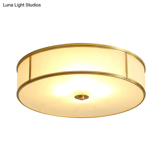 Opal Glass Cylinder Flush Mount Ceiling Light In Gold - Traditional Bedroom Lighting