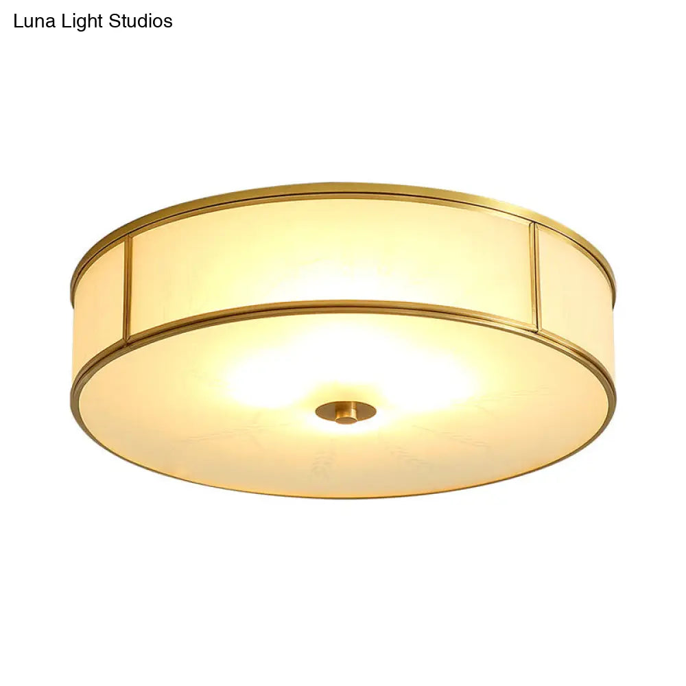 Opal Glass Cylinder Flush Mount Ceiling Light In Gold - Traditional Bedroom Lighting