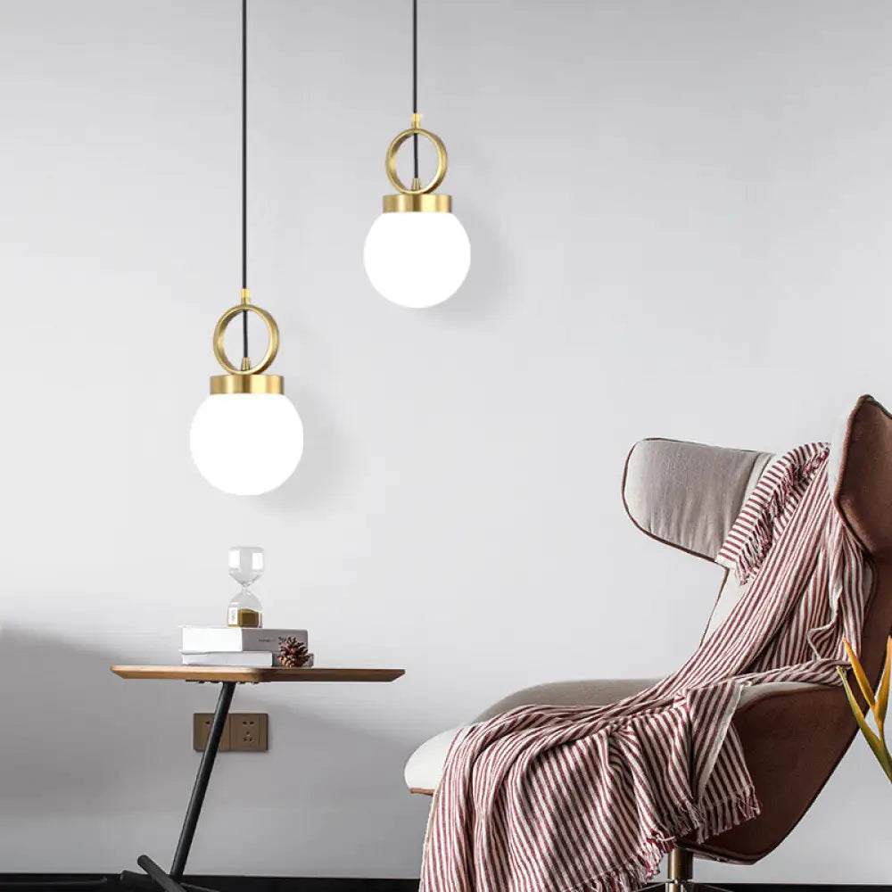 Opal Glass Dining Room Pendant Lamp With Elegant Gold Ring Top - Simplistic Ball Pendulum Light / 6’