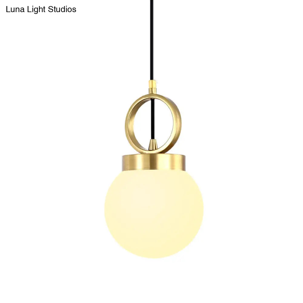 Opal Glass Dining Room Pendant Lamp With Elegant Gold Ring Top - Simplistic Ball Pendulum Light