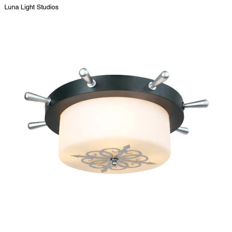 Opal Glass Drum Flush Mount Fixture - 3 Bulbs White/Light Blue/Blackish Green