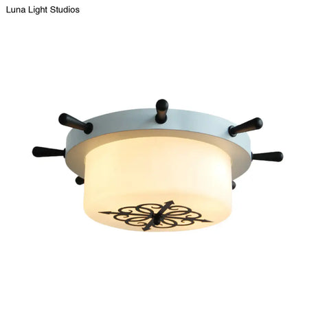 Opal Glass Drum Flush Mount Fixture - 3 Bulbs White/Light Blue/Blackish Green