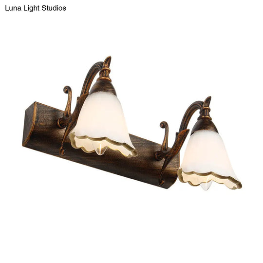 Opal Glass Floral Wall Light In Bronze/White With Curved Arm - 2/3-Light Fixture