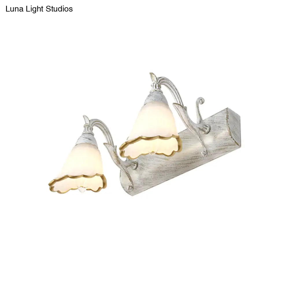 Opal Glass Floral Wall Light In Bronze/White With Curved Arm - 2/3-Light Fixture