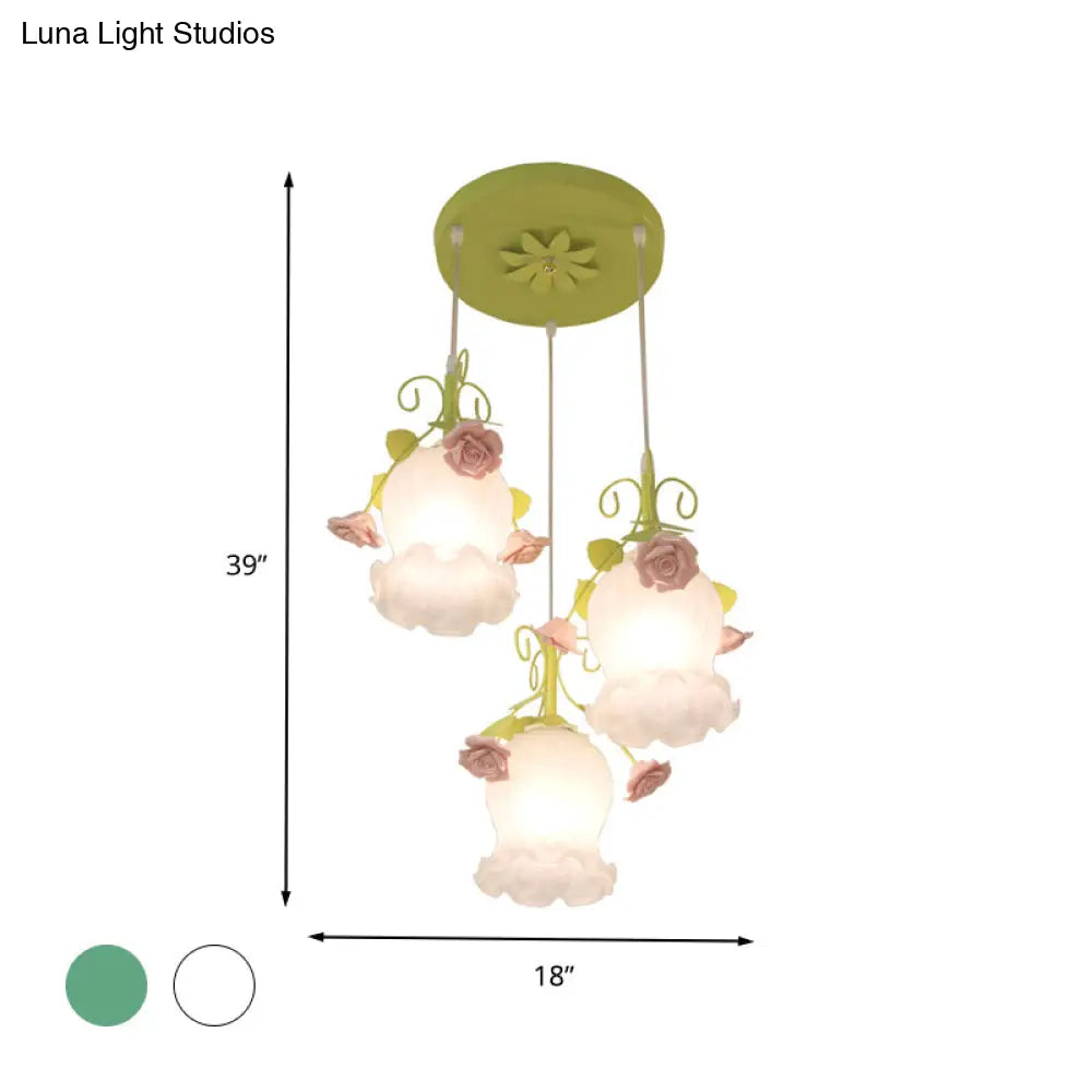 Opal Glass Flower Cluster Pendant Light - Countryside Style 3 Heads White/Green