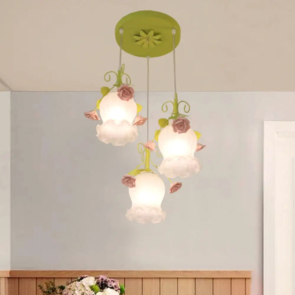 Opal Glass Flower Cluster Pendant Light - Countryside Style 3 Heads White/Green Green