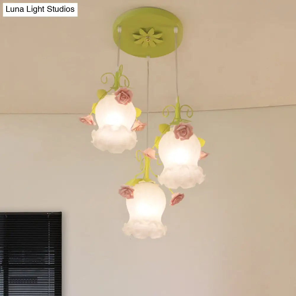 Opal Glass Flower Cluster Pendant Light - Countryside Style 3 Heads White/Green