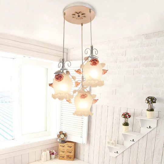 Opal Glass Flower Cluster Pendant Light - Countryside Style 3 Heads White/Green White