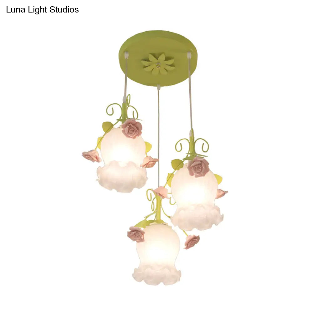 Opal Glass Flower Cluster Pendant Light - Countryside Style 3 Heads White/Green