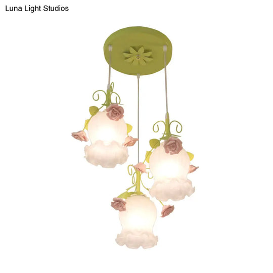 Opal Glass Flower Cluster Pendant Light - Countryside Style 3 Heads White/Green