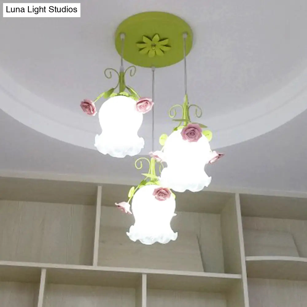 Opal Glass Flower Cluster Pendant Light - Countryside Style 3 Heads White/Green