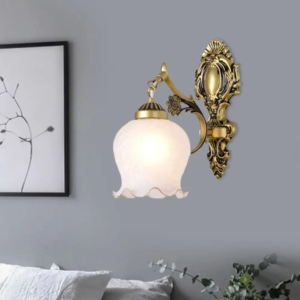 Opal Glass Flower Wall Lamp Fixture In Antique Bronze - Bedroom Mount Light 1 /