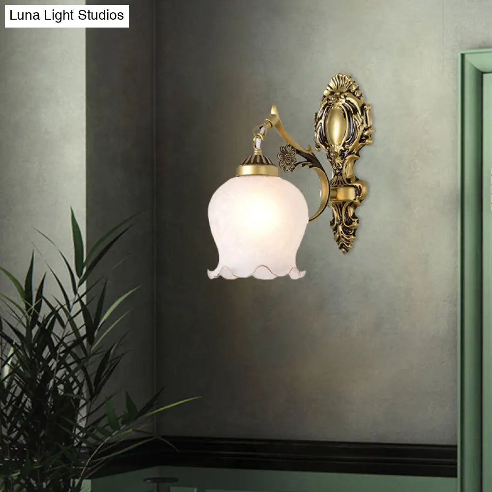 Opal Glass Flower Wall Lamp Fixture In Antique Bronze - Bedroom Mount Light