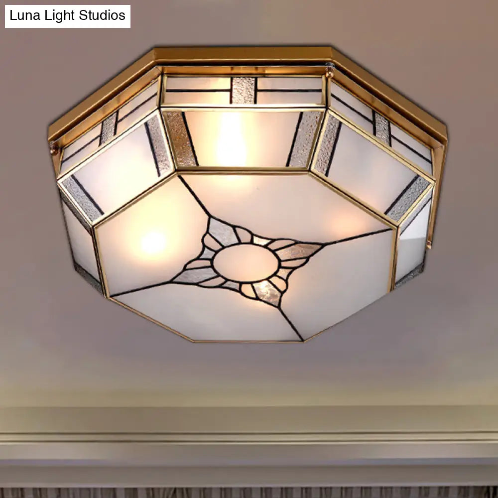Opal Glass Flush Light With 3 Heads - Brass Finish Octagonal Shape Bedroom Ceiling Lighting