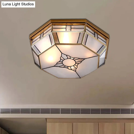 Opal Glass Flush Light With 3 Heads - Brass Finish Octagonal Shape Bedroom Ceiling Lighting