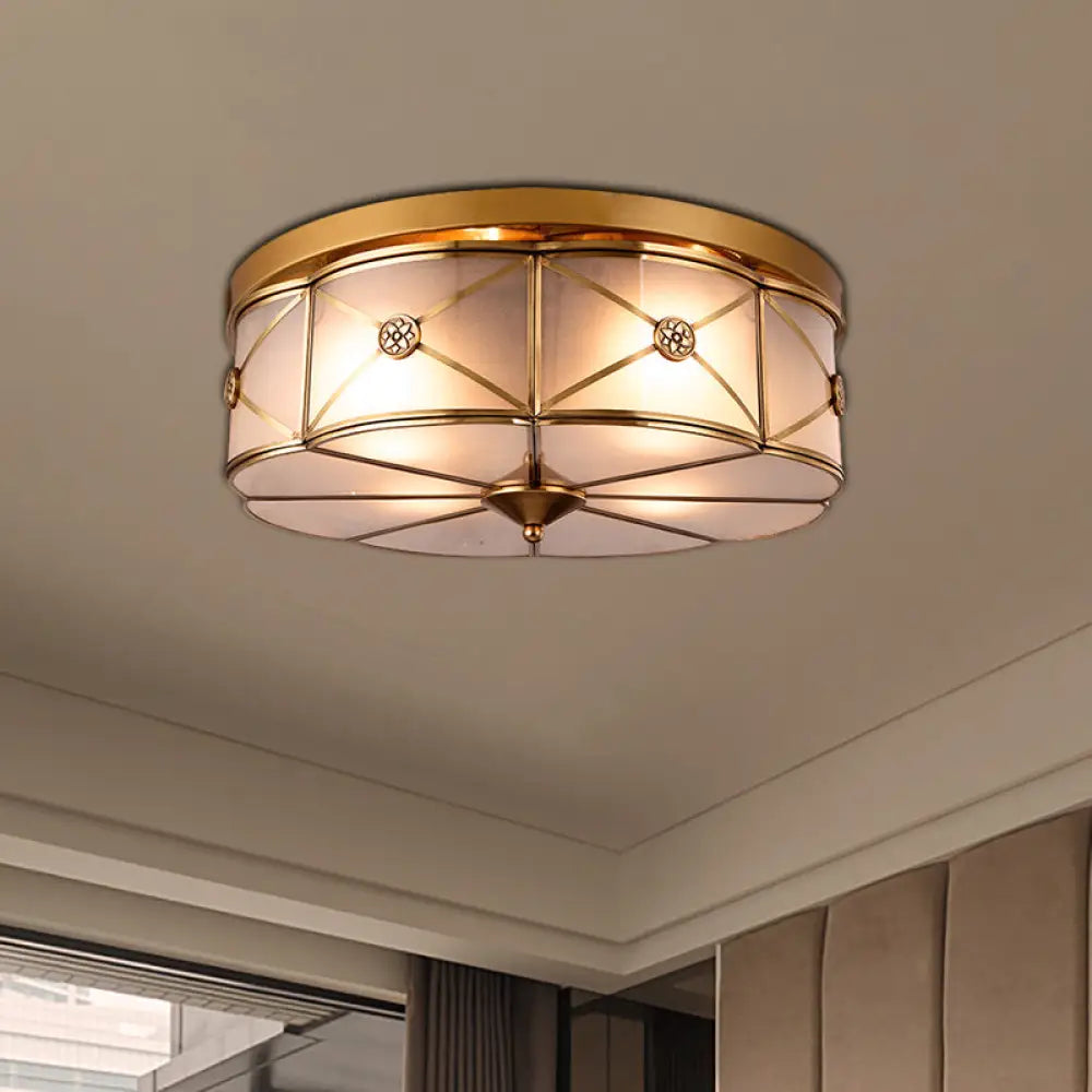 Opal Glass Flush Mount Light With Colonial Brass Finish - Bedroom Ceiling Lighting / 14’