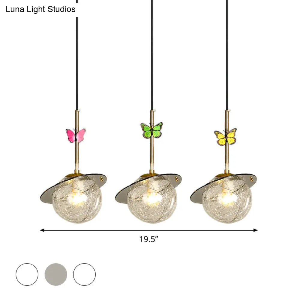 Opal Glass Global Hanging Light With Dragonfly Decoration - 3-Bulb Pendant Lighting In