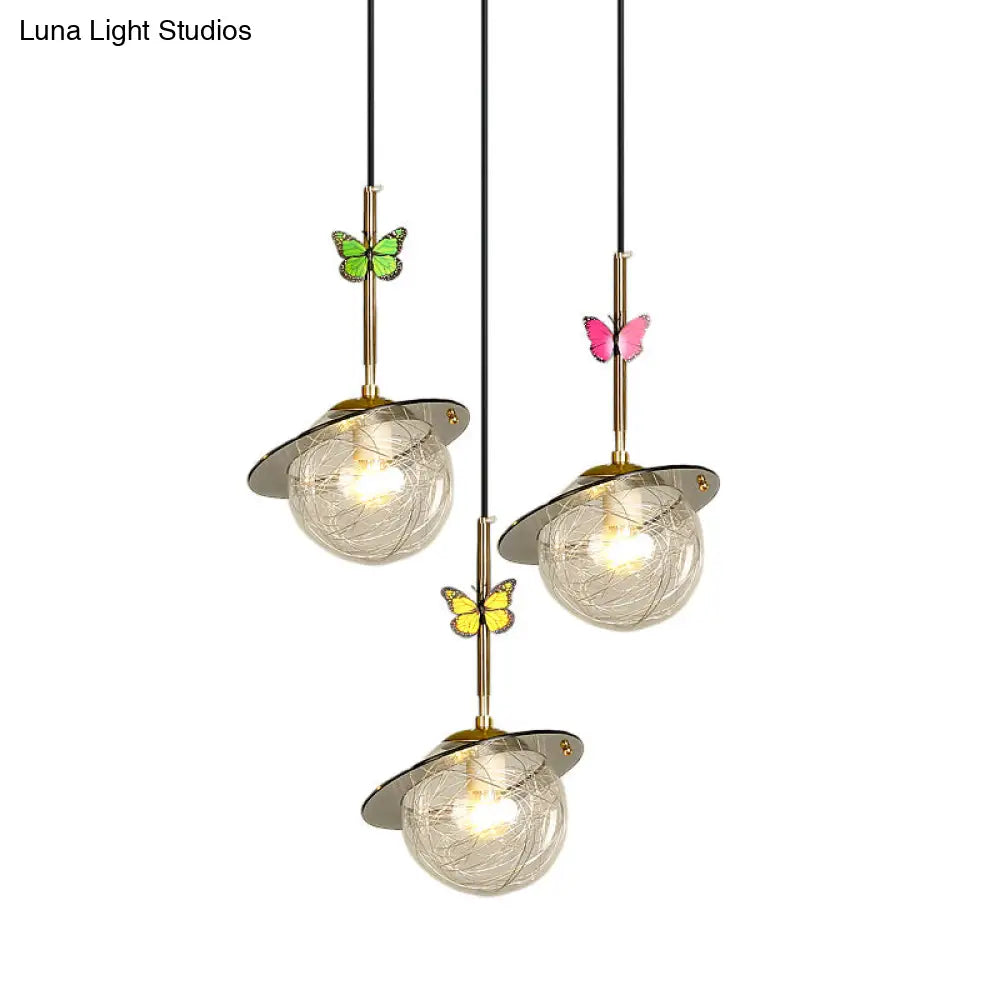 Opal Glass Global Hanging Light With Dragonfly Decoration - 3-Bulb Pendant Lighting In