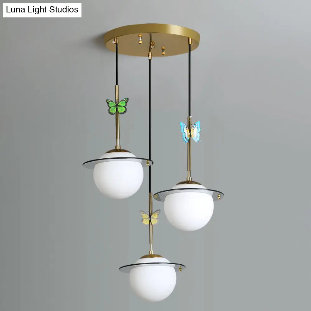 Opal Glass Global Hanging Light With Dragonfly Decoration - 3-Bulb Pendant Lighting In