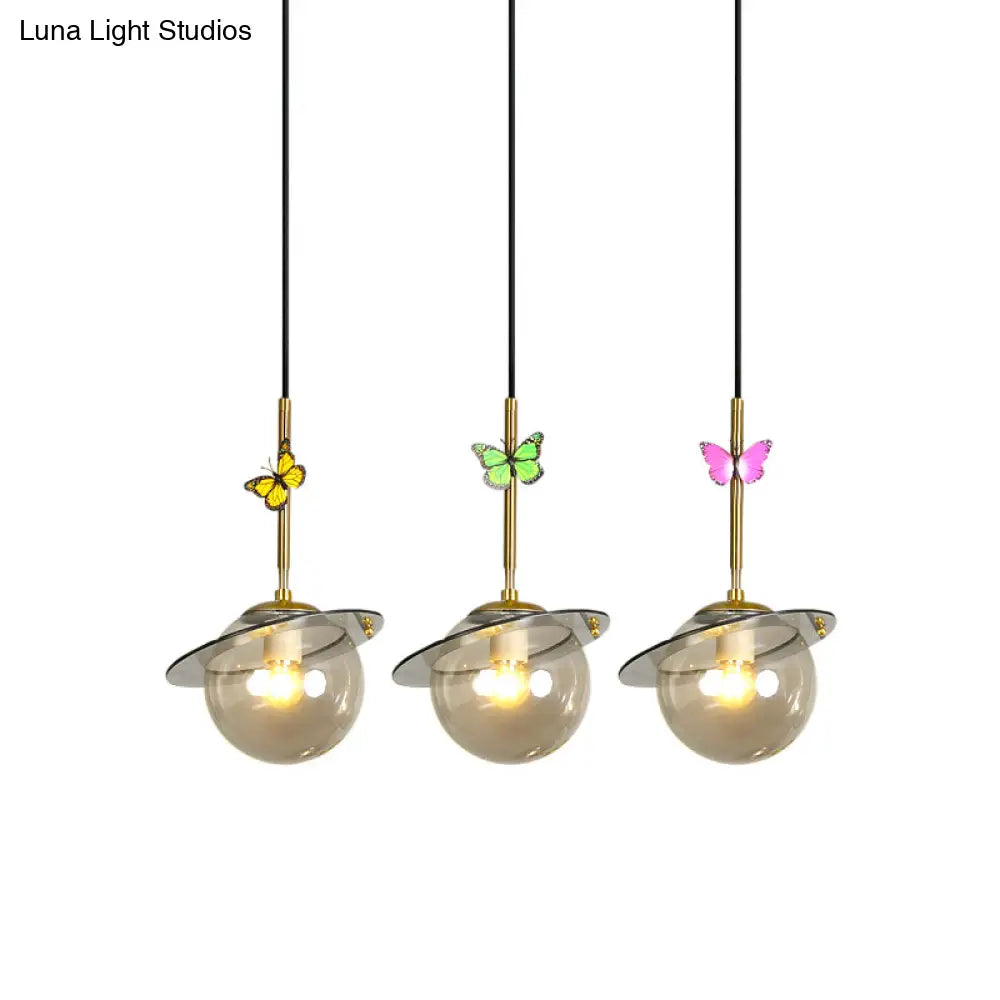 Opal Glass Global Hanging Light With Dragonfly Decoration - 3-Bulb Pendant Lighting In