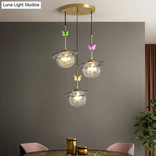 Opal Glass Hanging Light With Dragonfly Deco - 3-Bulb Pendant Lighting In White/Clear/Smoky Clear /