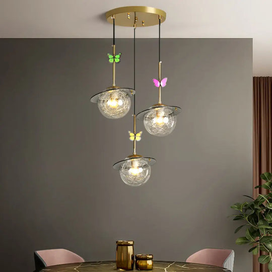 Opal Glass Global Hanging Light With Dragonfly Decoration - 3-Bulb Pendant Lighting In