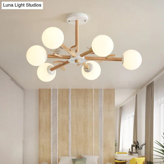Opal Glass Globe Chandelier: Modern Living Room Pendant Light In Wood