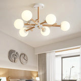 Opal Glass Globe Chandelier: Modern Living Room Pendant Light In Wood 6 /