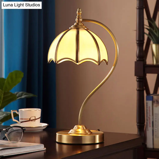 Opal Glass Gold Table Lamp - Scalloped Colonial Style Night Light With Curved Arm