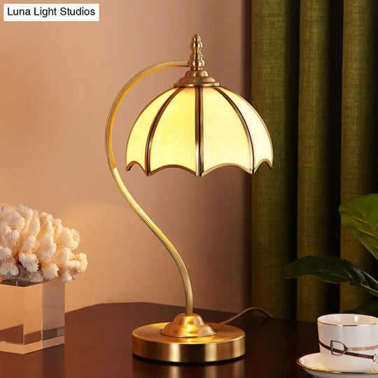 Opal Glass Gold Table Lamp - Scalloped Colonial Style Night Light With Curved Arm