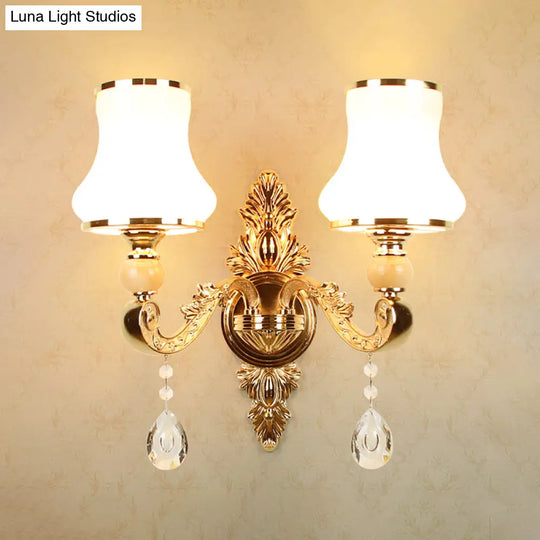 Opal Glass Gold Wall Light With Flower Shade And Crystal Accent - Antique Lighting Fixture