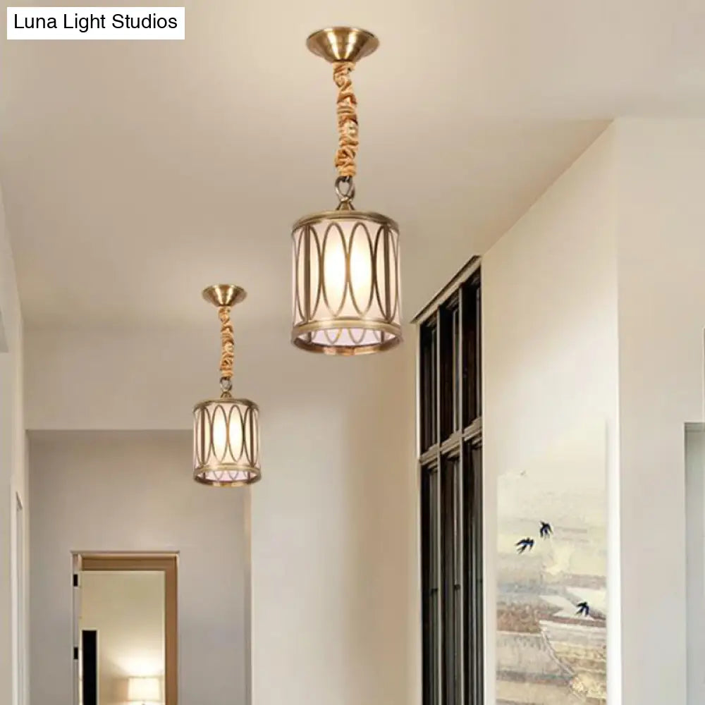 Opal Glass Hallway Pendant Light With Rural Charm - Cylindrical 1-Head Suspended Lamp