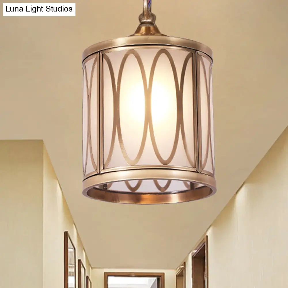 Opal Glass Hallway Pendant Light With Rural Charm - Cylindrical 1-Head Suspended Lamp