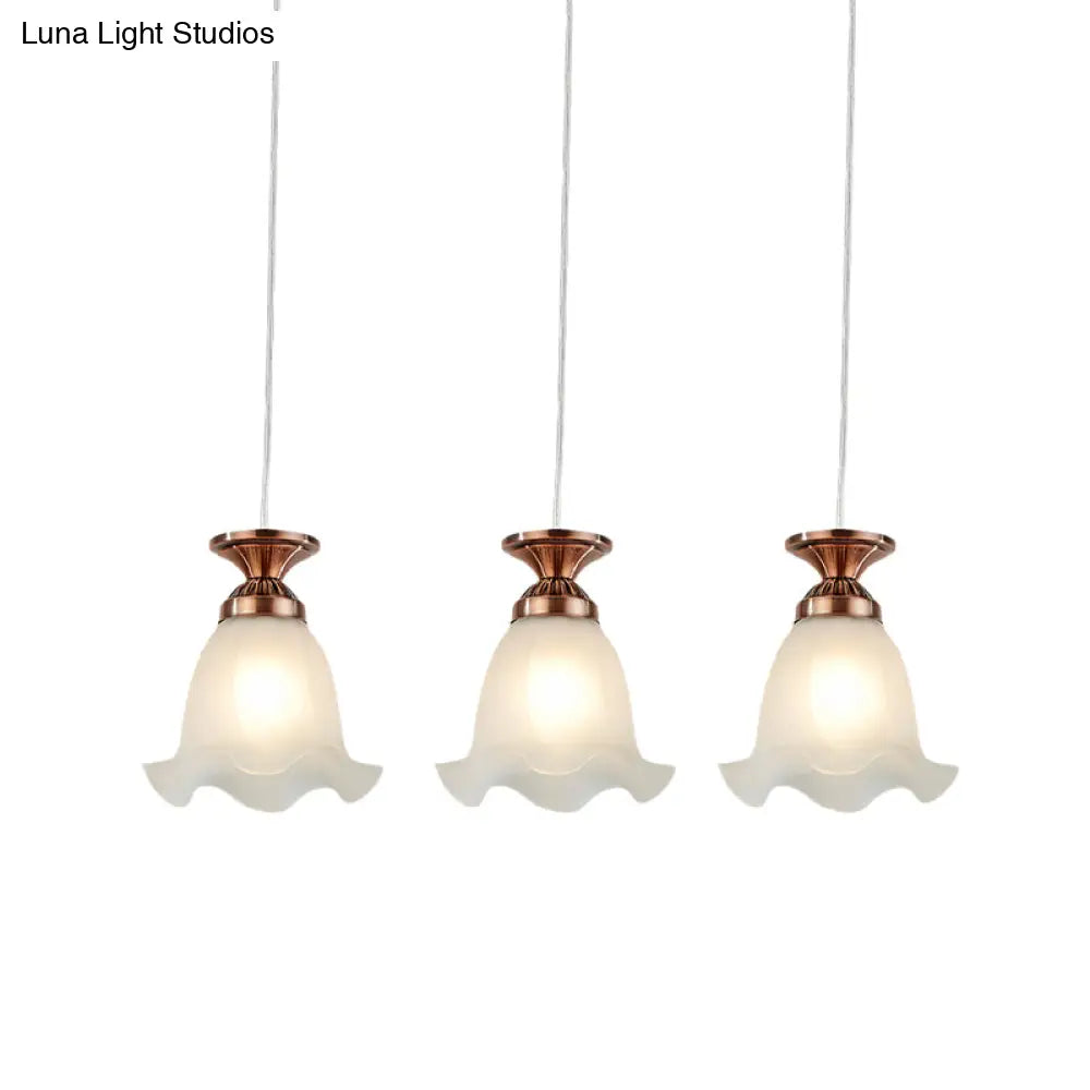 Opal Glass Hanging Ceiling Light - Scalloped Cluster Pendant With 3 Bulbs Traditional Copper/Bronze