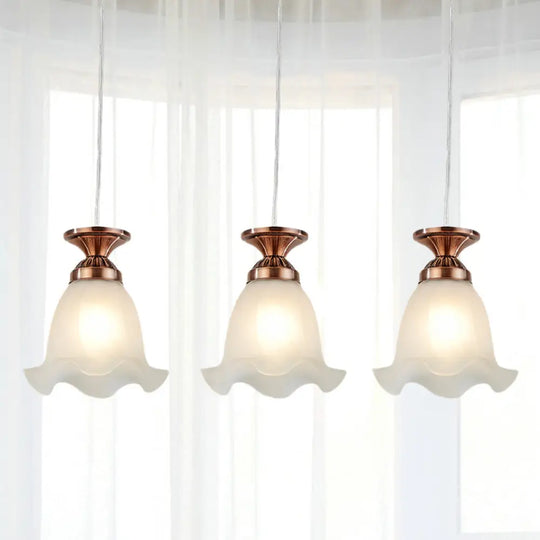 Opal Glass Hanging Ceiling Light - Scalloped Cluster Pendant With 3 Bulbs Traditional Copper/Bronze